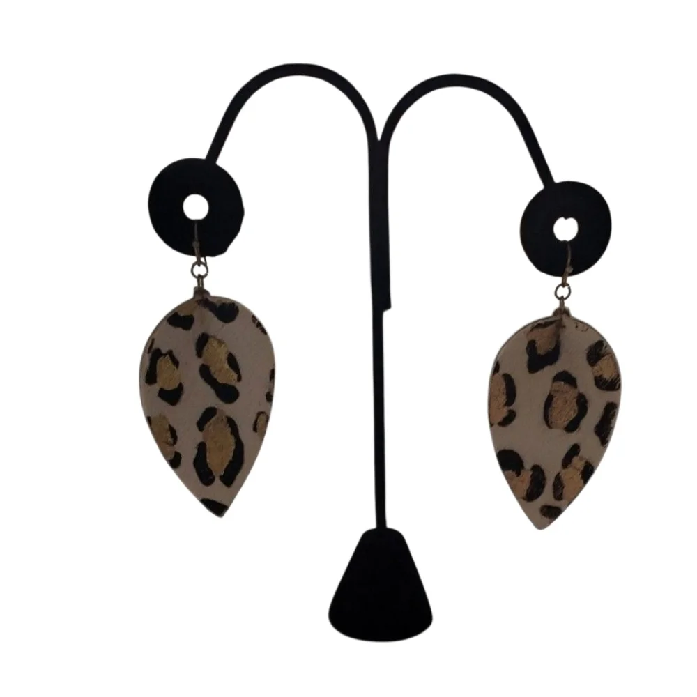 Leopard Print Faux Leather Teardrop Earrings Gold And Black Boho Lightweight